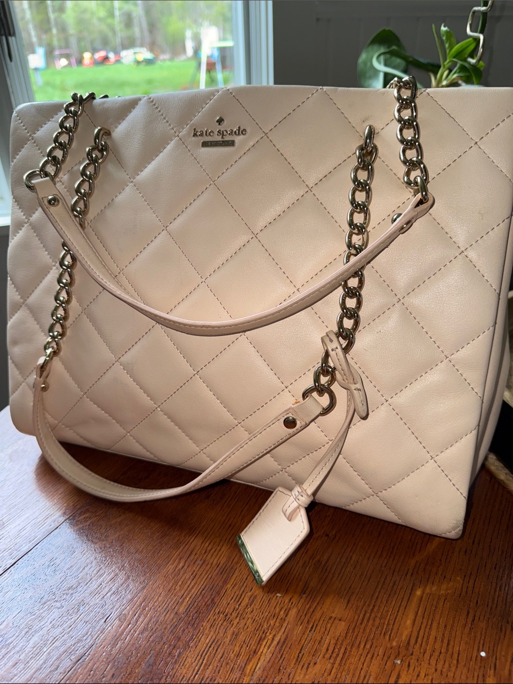 Kate Spade Quilted Leather Tote in Blush Pink with gold Chain Straps
